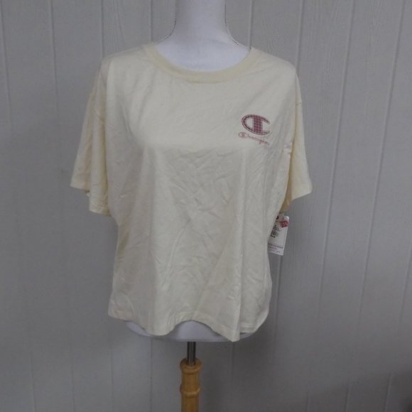 Champion 3X Ivory Cropped Crew Neck Short Sleeve Houndstooth Logo T-Shirt - Picture 1 of 4